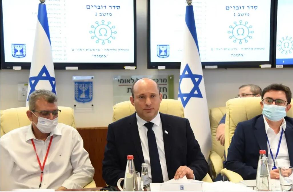 Israel's Prime Minister Naftali Bennett is seen following the completion of the COVID-19 'war games' exercise.