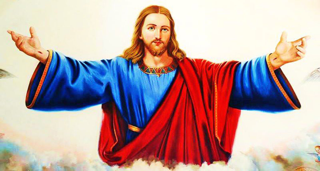 Jésus en robe rouge et bleue, bras ouverts.