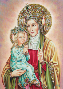 Peinture de sainte tenant un enfant couronné