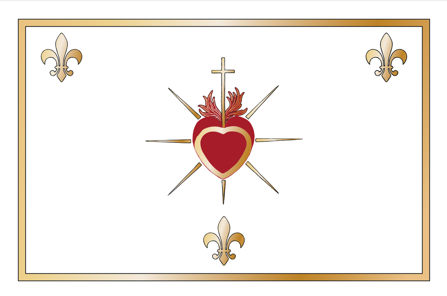 Drapeau avec cœur enflammé et fleurs de lys.